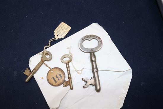 A box of 18th/20th century keys from interesting old buildings including the key to a bible box at St Pauls Cathedral